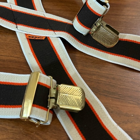 1980’s Vintage Levi’s Y-Back Suspenders brown & Orange Stripe Brass Retro USA - Picture 2 of 3